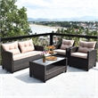 4PCS Outdoor Rattan Furniture Set Cushioned Sofa Armrest Table Brown