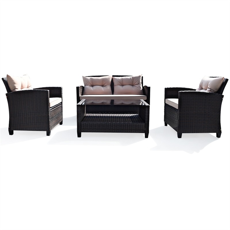 4PCS Outdoor Rattan Furniture Set Cushioned Sofa Armrest Table Brown