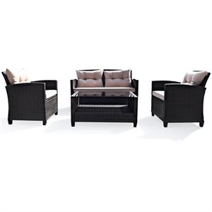 4PCS Outdoor Rattan Furniture Set Cushioned Sofa Armrest Table Brown