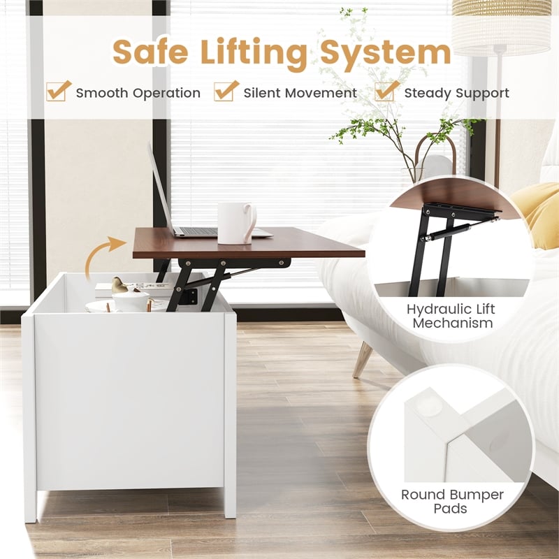 Lift Top Coffee Table w/ Hidden Compartment and Storage Shelves  White