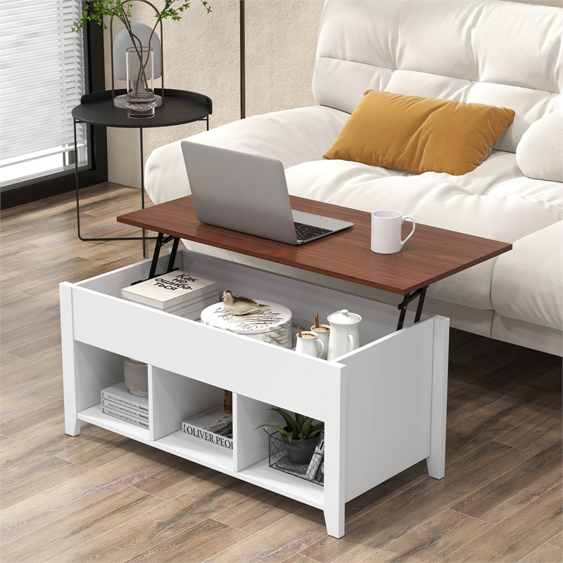 Lift Top Coffee Table w/ Hidden Compartment and Storage Shelves  White