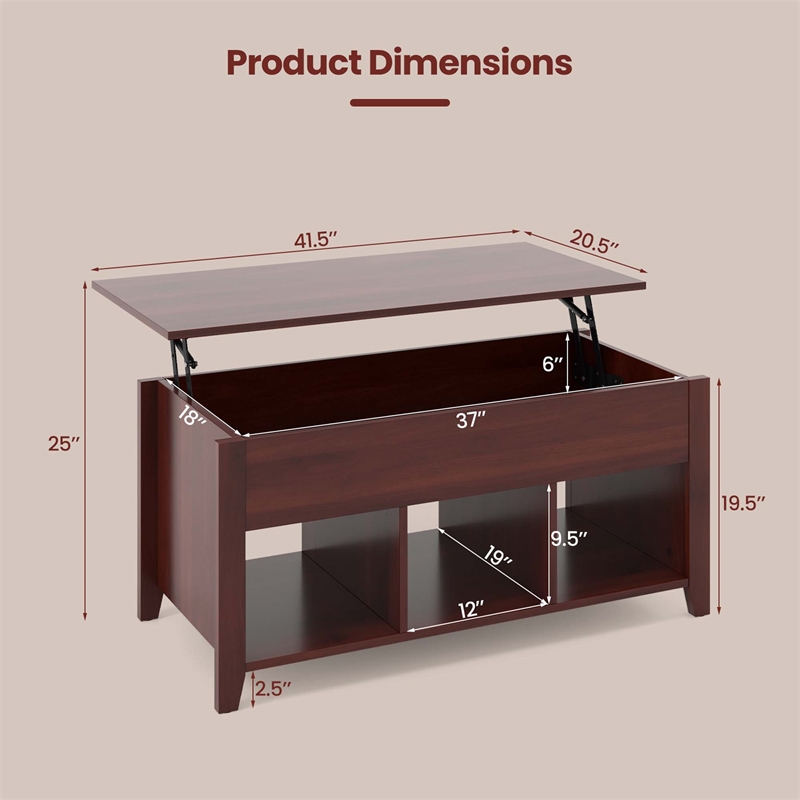 Lift Top Coffee Table w/ Hidden Compartment and Storage Shelves Brown