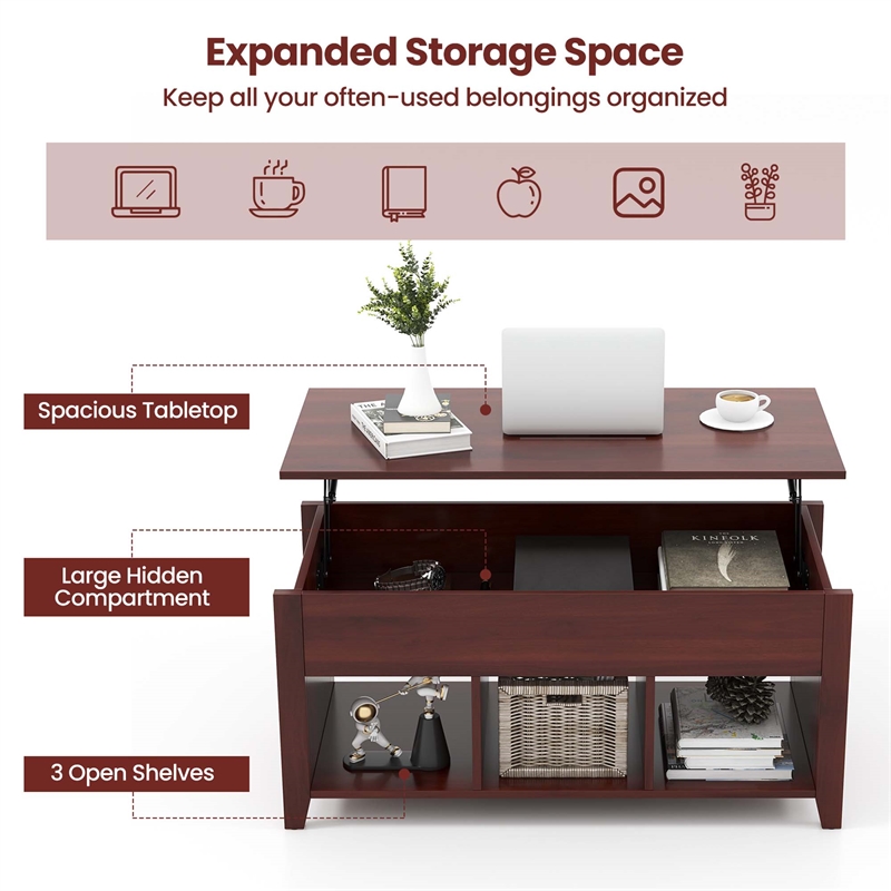 Lift Top Coffee Table w/ Hidden Compartment and Storage Shelves Brown