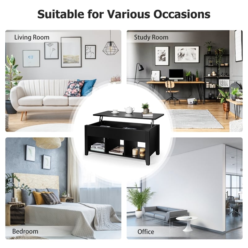 Lift Top Coffee Table w/ Hidden Compartment and Storage Shelves  Black