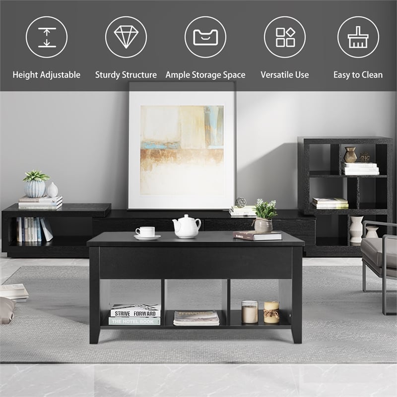 Lift Top Coffee Table w/ Hidden Compartment and Storage Shelves  Black
