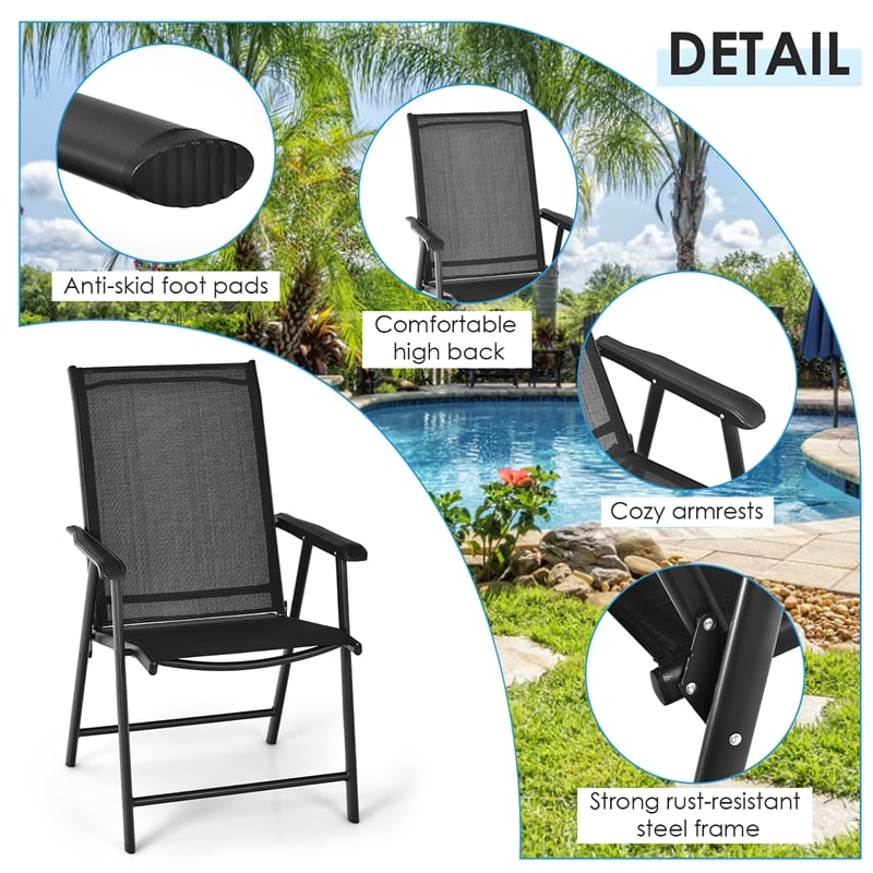 4PCS Patio Folding Dining Chairs Portable Armrest Garden Black