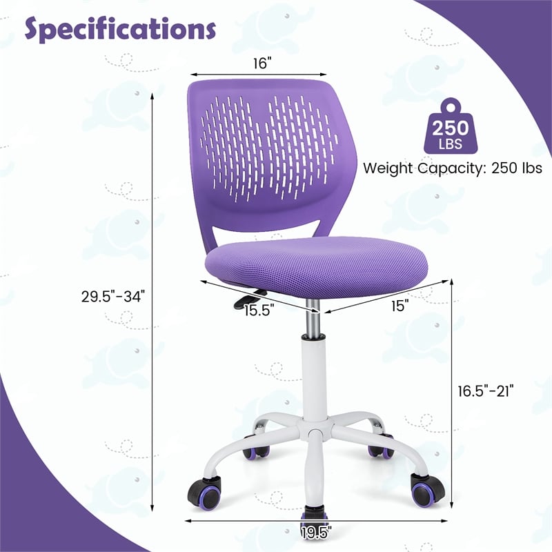 Height-adjustable Ergonomic Kids Chair w/ Wheels Purple