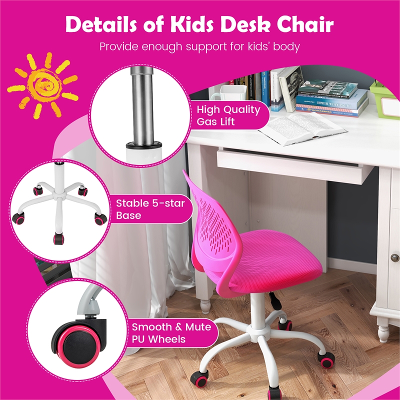 Height-adjustable Ergonomic Kids Chair w/ Wheels Pink