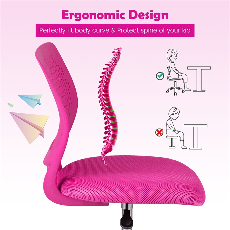 Height-adjustable Ergonomic Kids Chair w/ Wheels Pink