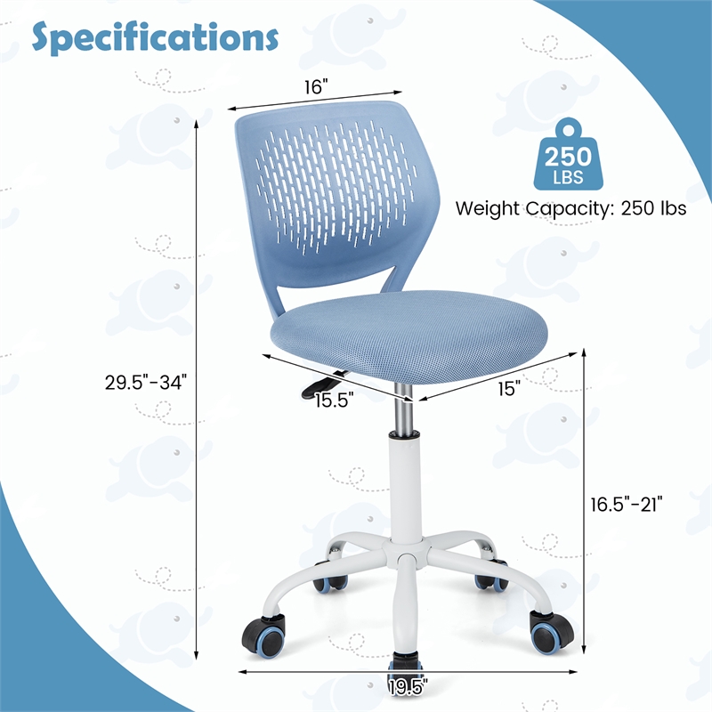 Height-adjustable Ergonomic Kids Chair w/ Wheels Blue