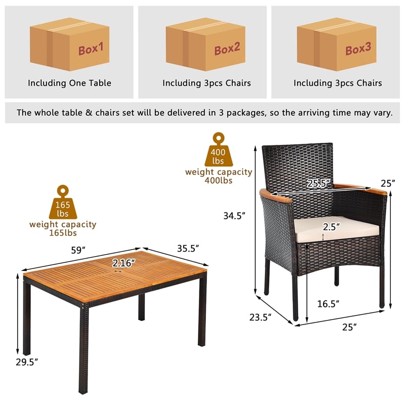 7PCS Patio Rattan Dining Set Armrest Cushioned Chair Wooden Brown