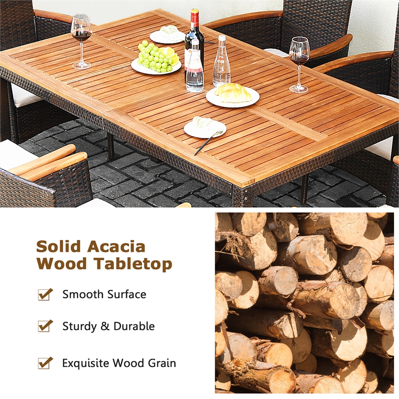 7PCS Patio Rattan Dining Set Armrest Cushioned Chair Wooden Brown