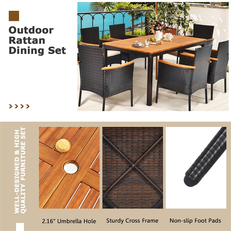 7PCS Patio Rattan Dining Set Armrest Cushioned Chair Wooden Brown