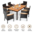 7PCS Patio Rattan Dining Set Armrest Cushioned Chair Wooden Brown