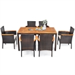 7PCS Patio Rattan Dining Set Armrest Cushioned Chair Wooden Brown