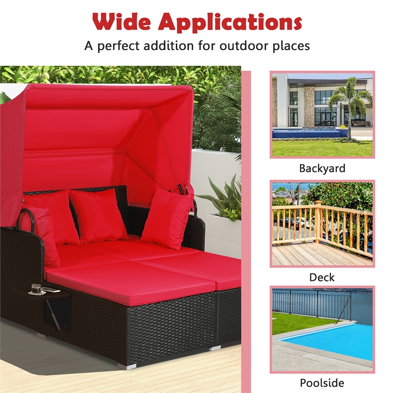 Patio Rattan Daybed Lounge Retractable Top Canopy Red