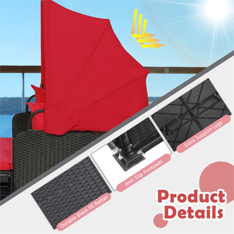 Patio Rattan Daybed Lounge Retractable Top Canopy Red
