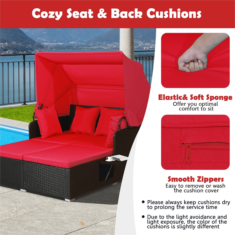 Patio Rattan Daybed Lounge Retractable Top Canopy Red