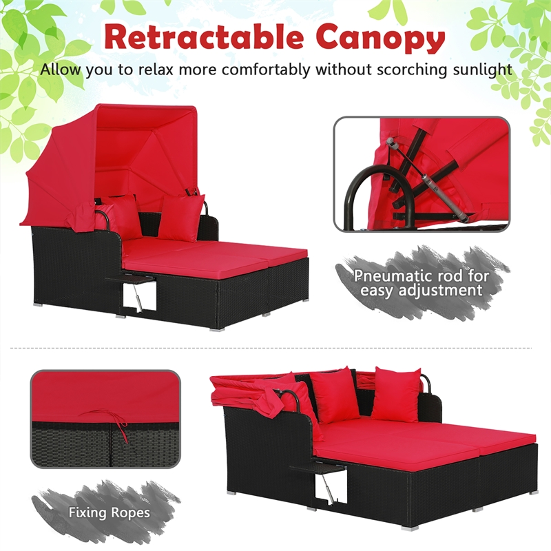 Patio Rattan Daybed Lounge Retractable Top Canopy Red