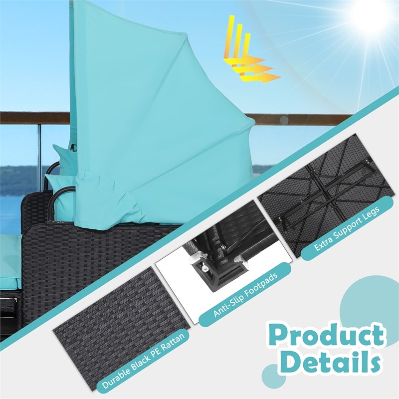 Patio Rattan Daybed Lounge Retractable Top Canopy Turquoise