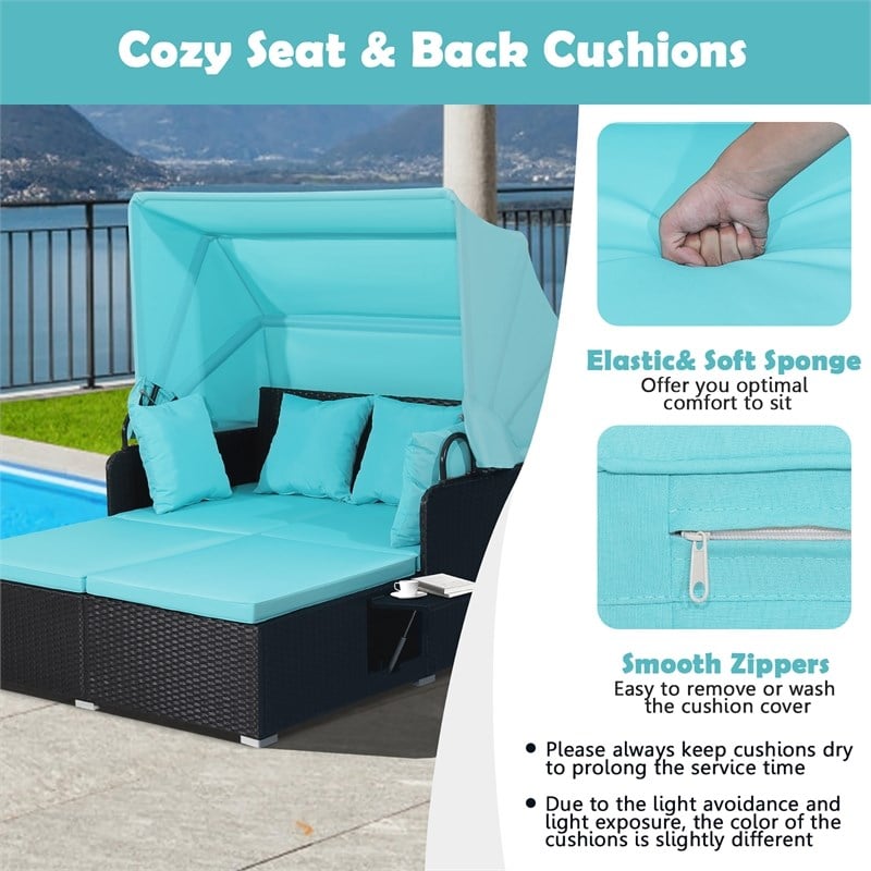 Patio Rattan Daybed Lounge Retractable Top Canopy Turquoise