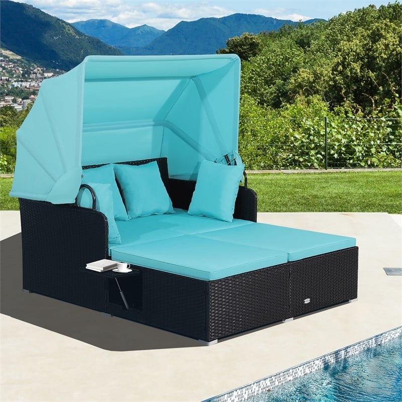 Patio Rattan Daybed Lounge Retractable Top Canopy Turquoise