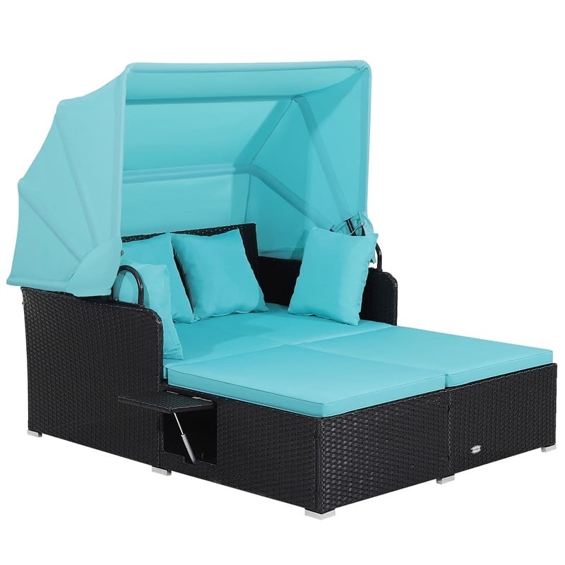 Patio Rattan Daybed Lounge Retractable Top Canopy Turquoise