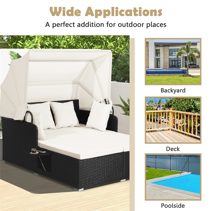 Patio Rattan Daybed Lounge Retractable Top Canopy White