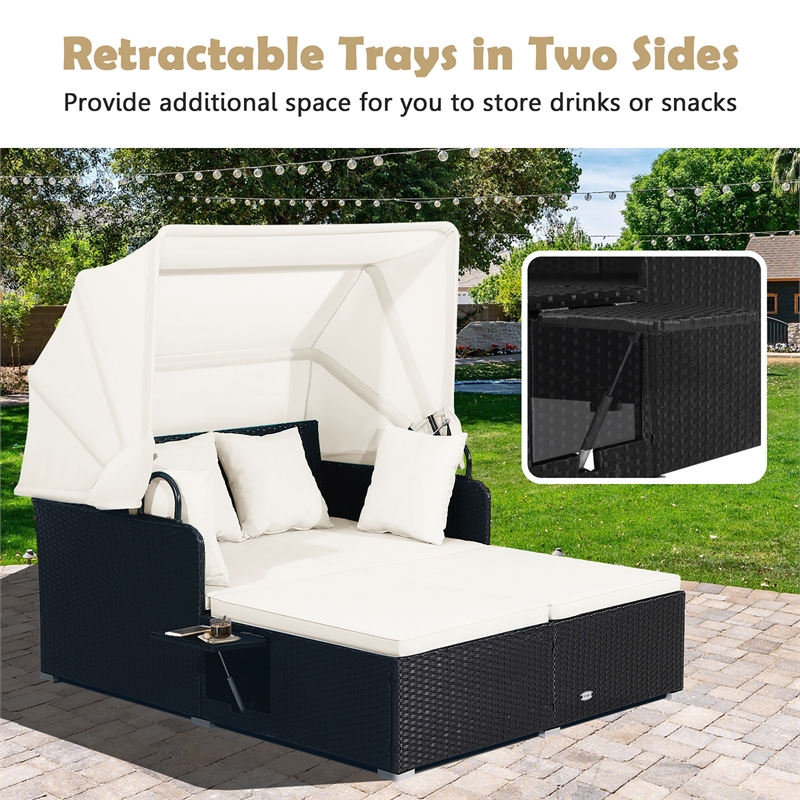 Patio Rattan Daybed Lounge Retractable Top Canopy White