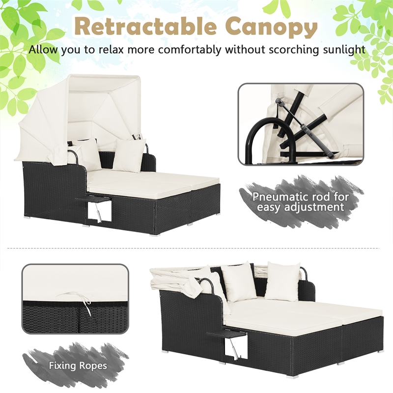 Patio Rattan Daybed Lounge Retractable Top Canopy White