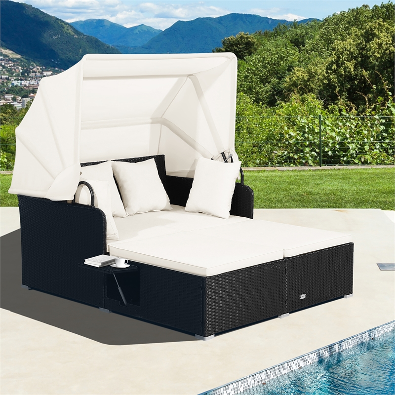 Patio Rattan Daybed Lounge Retractable Top Canopy White