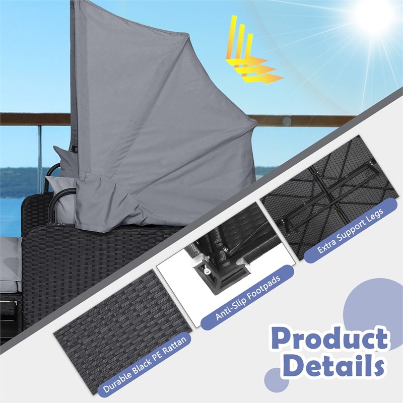 Patio Rattan Daybed Lounge Retractable Top Canopy Gray