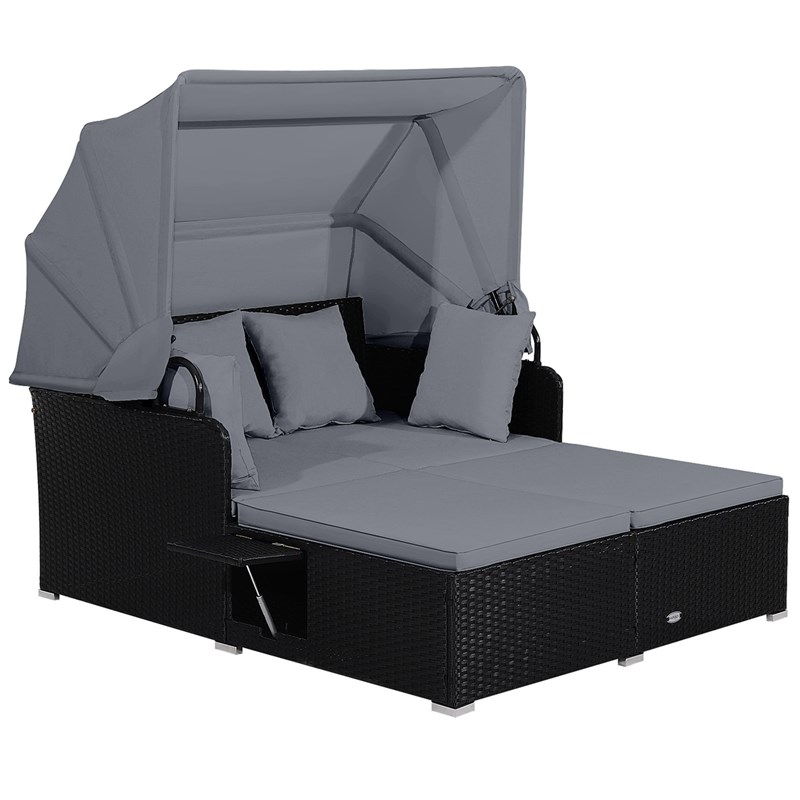 Patio Rattan Daybed Lounge Retractable Top Canopy Gray