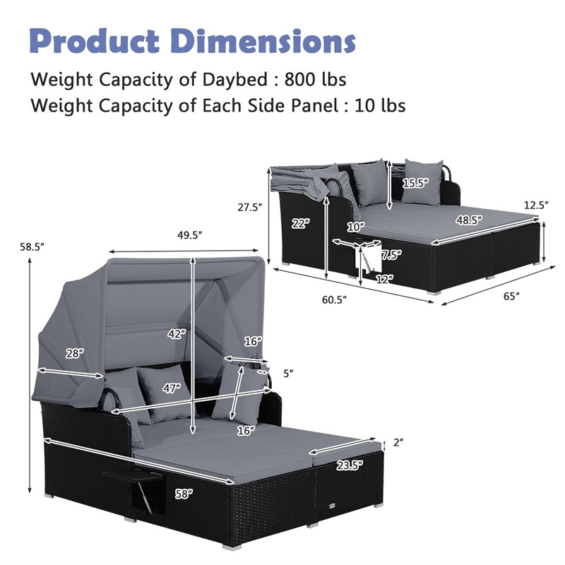 Patio Rattan Daybed Lounge Retractable Top Canopy Gray