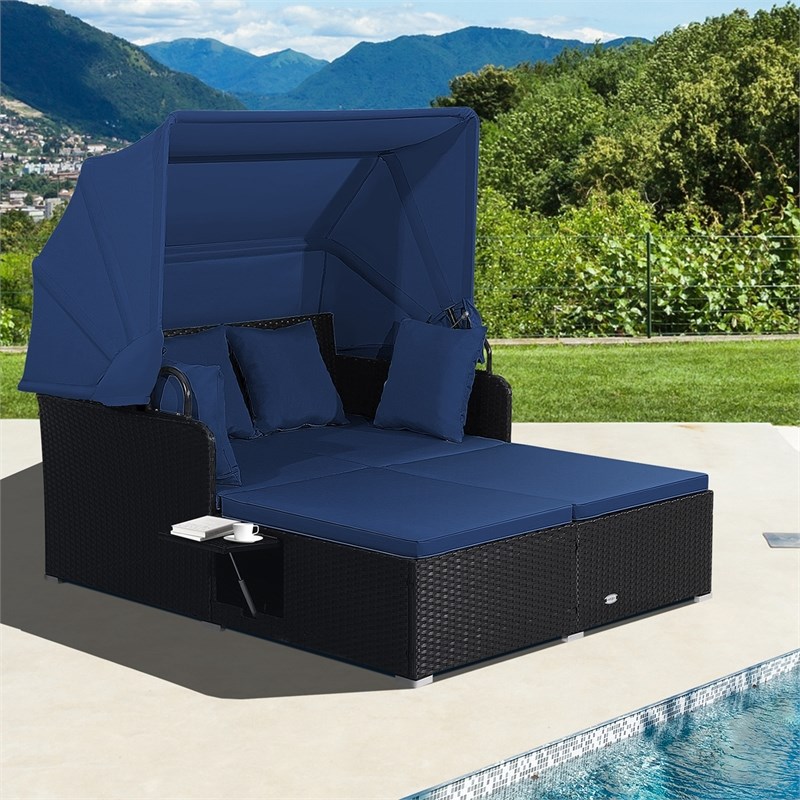 Patio Rattan Daybed Lounge Retractable Top Canopy Navy
