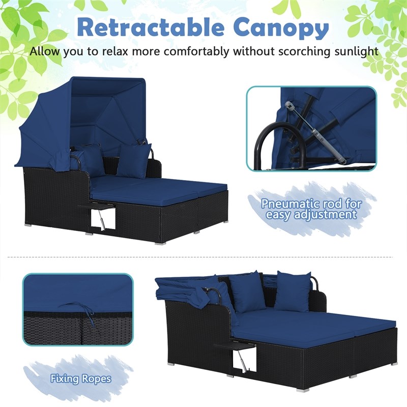 Patio Rattan Daybed Lounge Retractable Top Canopy Navy