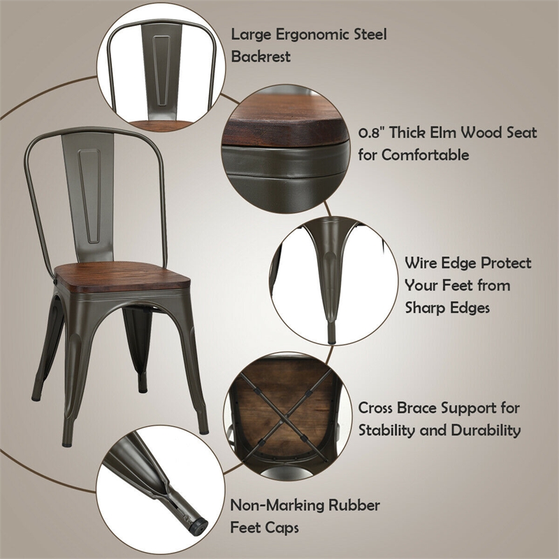 Set of 4 Style Metal Dining Side Chair Wood Seat Stackable Gray