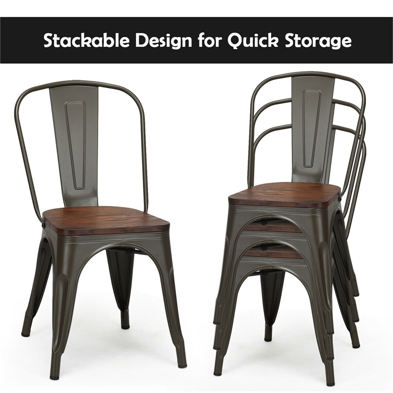 Set of 4 Style Metal Dining Side Chair Wood Seat Stackable Gray