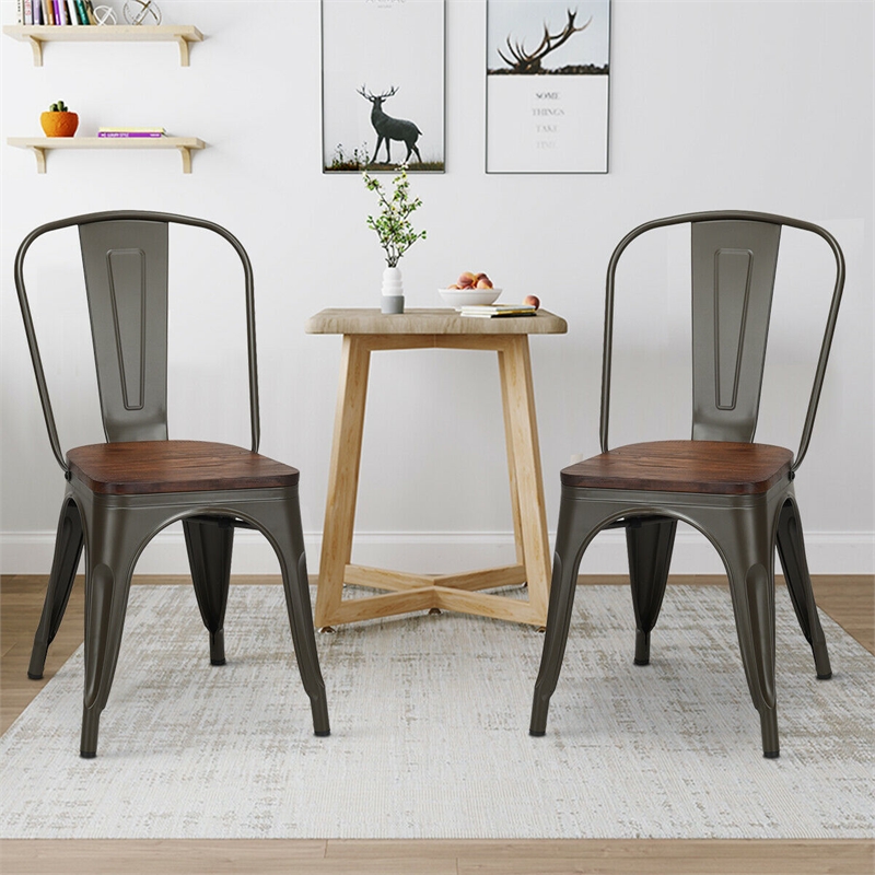 Set of 4 Style Metal Dining Side Chair Wood Seat Stackable Gray