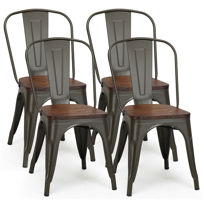 Set of 4 Style Metal Dining Side Chair Wood Seat Stackable Gray