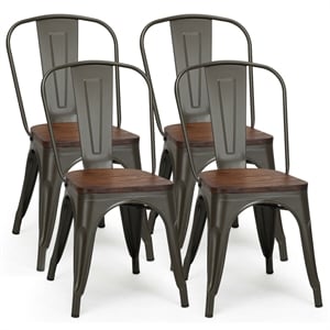 Set of 4 Style Metal Dining Side Chair Wood Seat Stackable Gray