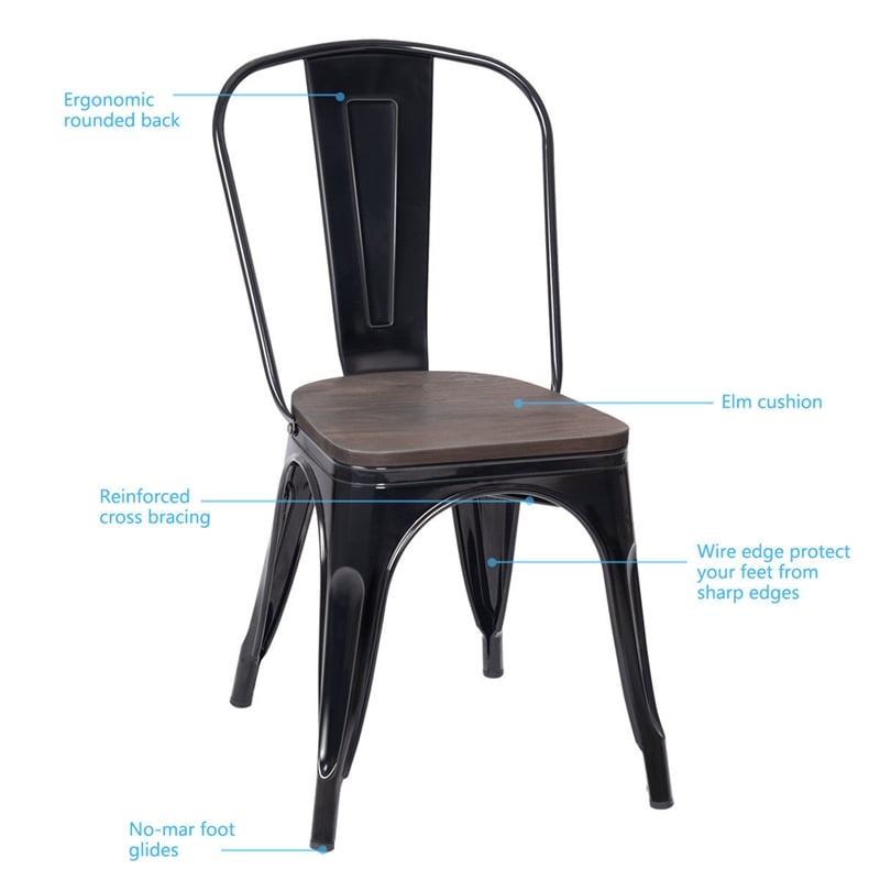 Set of 4 Style Metal Dining Side Chair Wood Seat Stackable Black