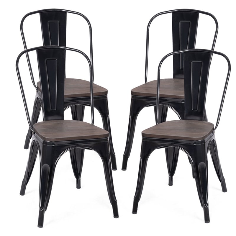 Set of 4 Style Metal Dining Side Chair Wood Seat Stackable Black