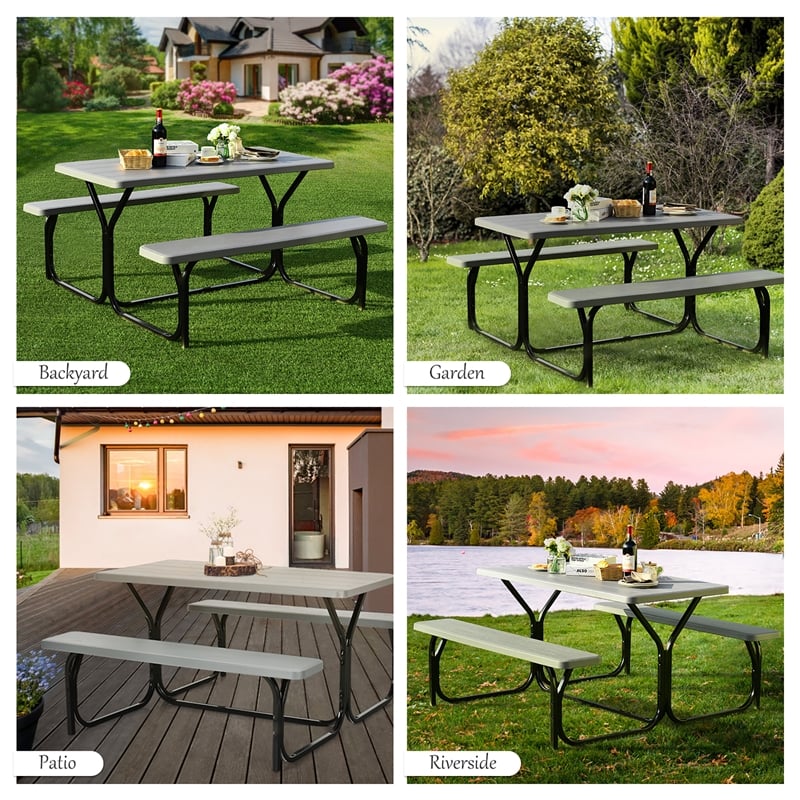 Picnic Table Bench Set Outdoor Backyard Iron Garden Gray