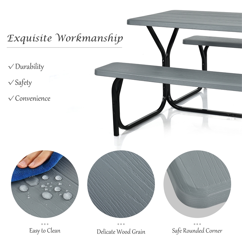Picnic Table Bench Set Outdoor Backyard Iron Garden Gray