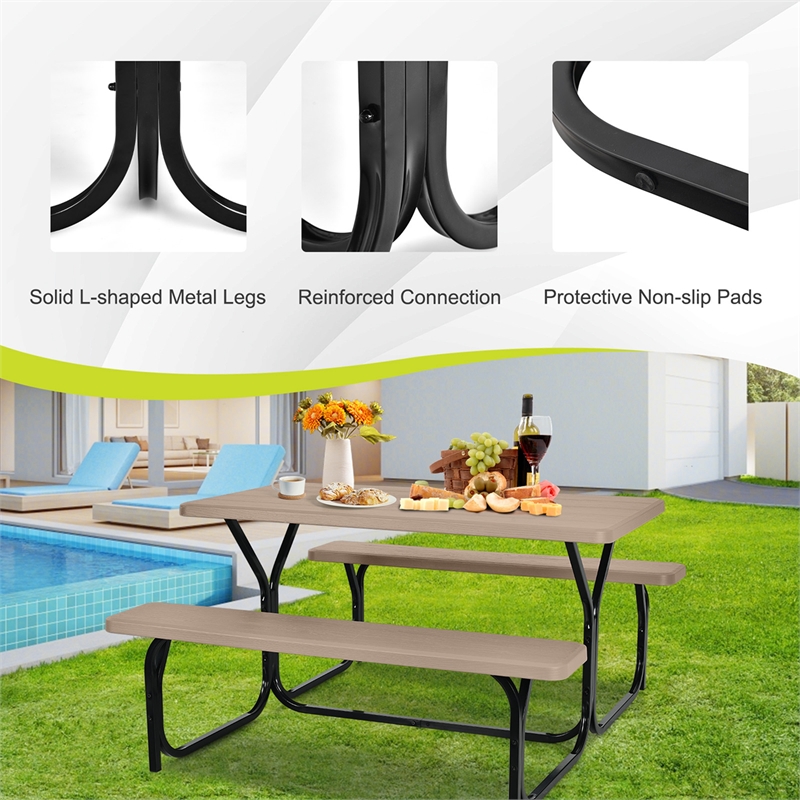 Picnic Table Bench Set Outdoor Backyard Iron Garden Brown