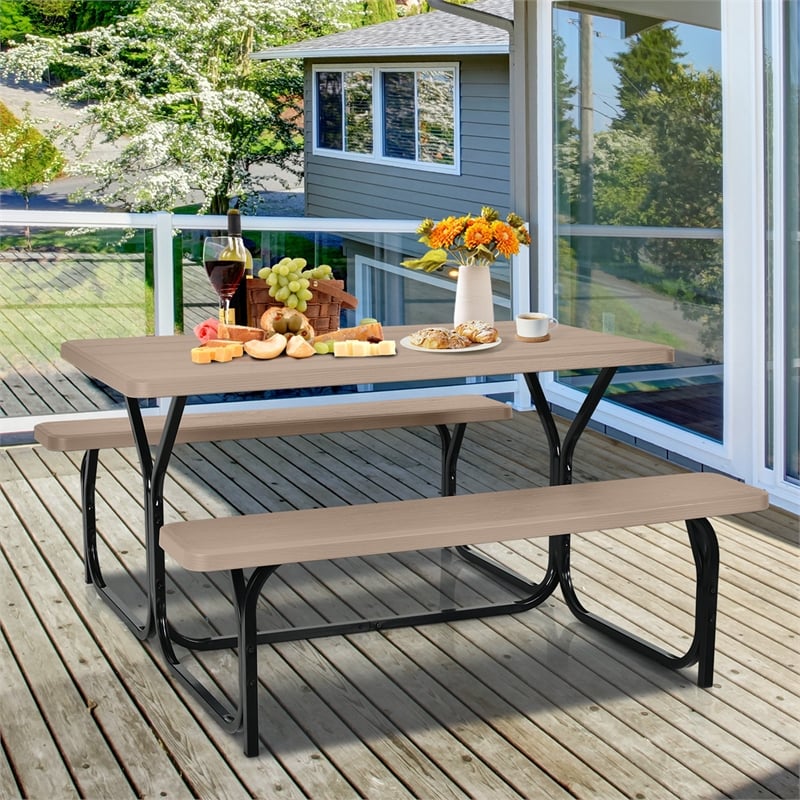 Picnic Table Bench Set Outdoor Backyard Iron Garden Brown