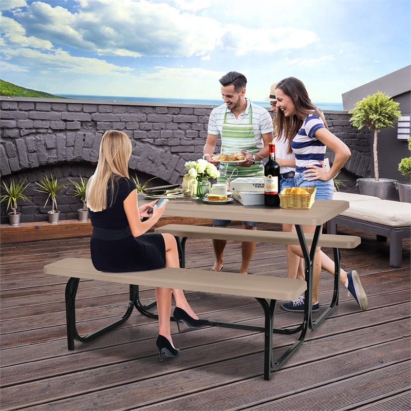 Picnic Table Bench Set Outdoor Backyard Iron Garden Brown