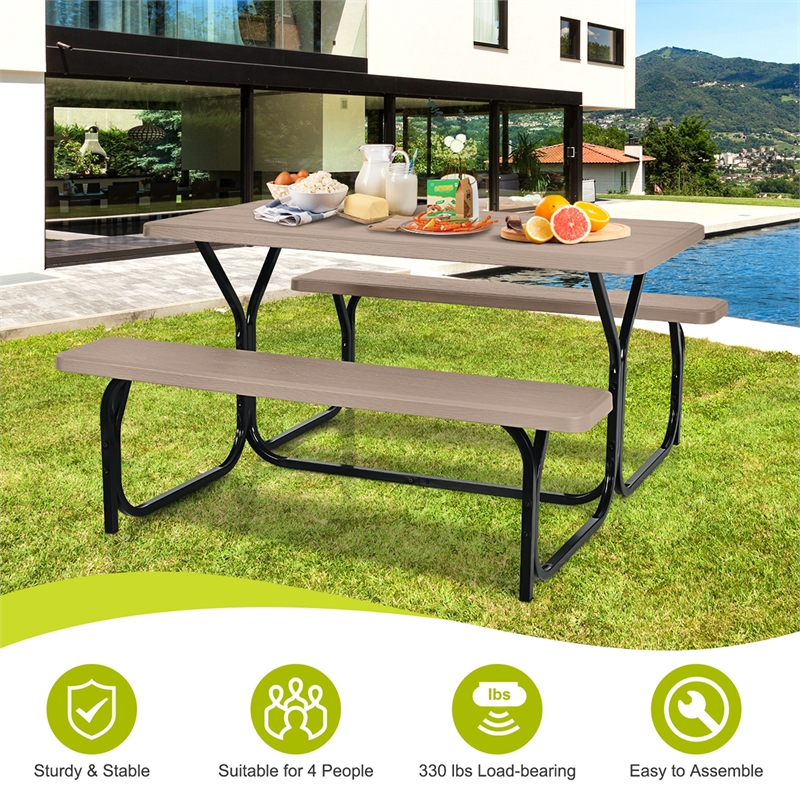 Picnic Table Bench Set Outdoor Backyard Iron Garden Brown