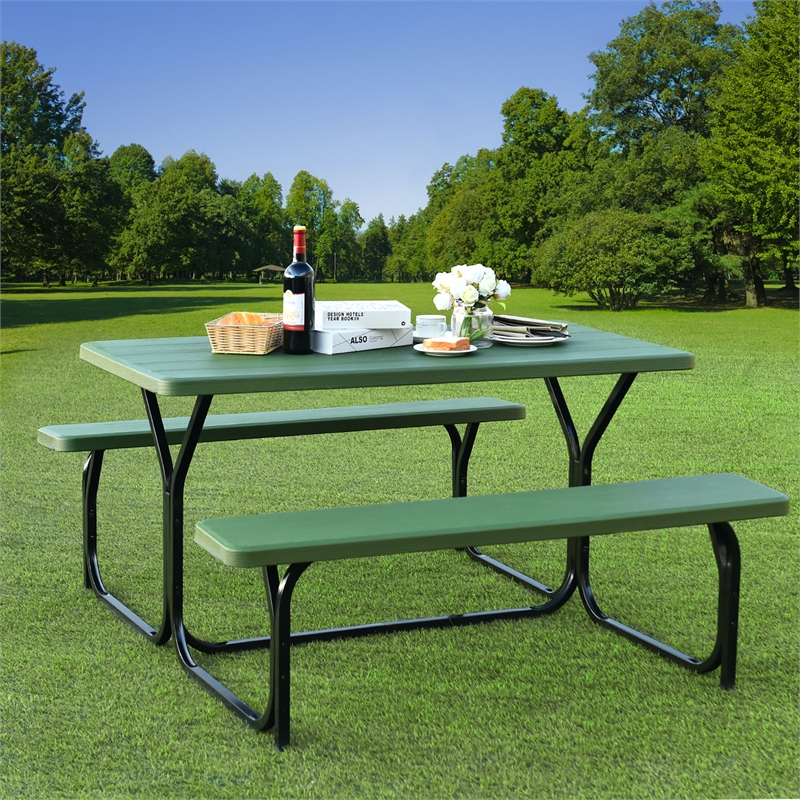 Picnic Table Bench Set Outdoor Backyard Iron Garden Green